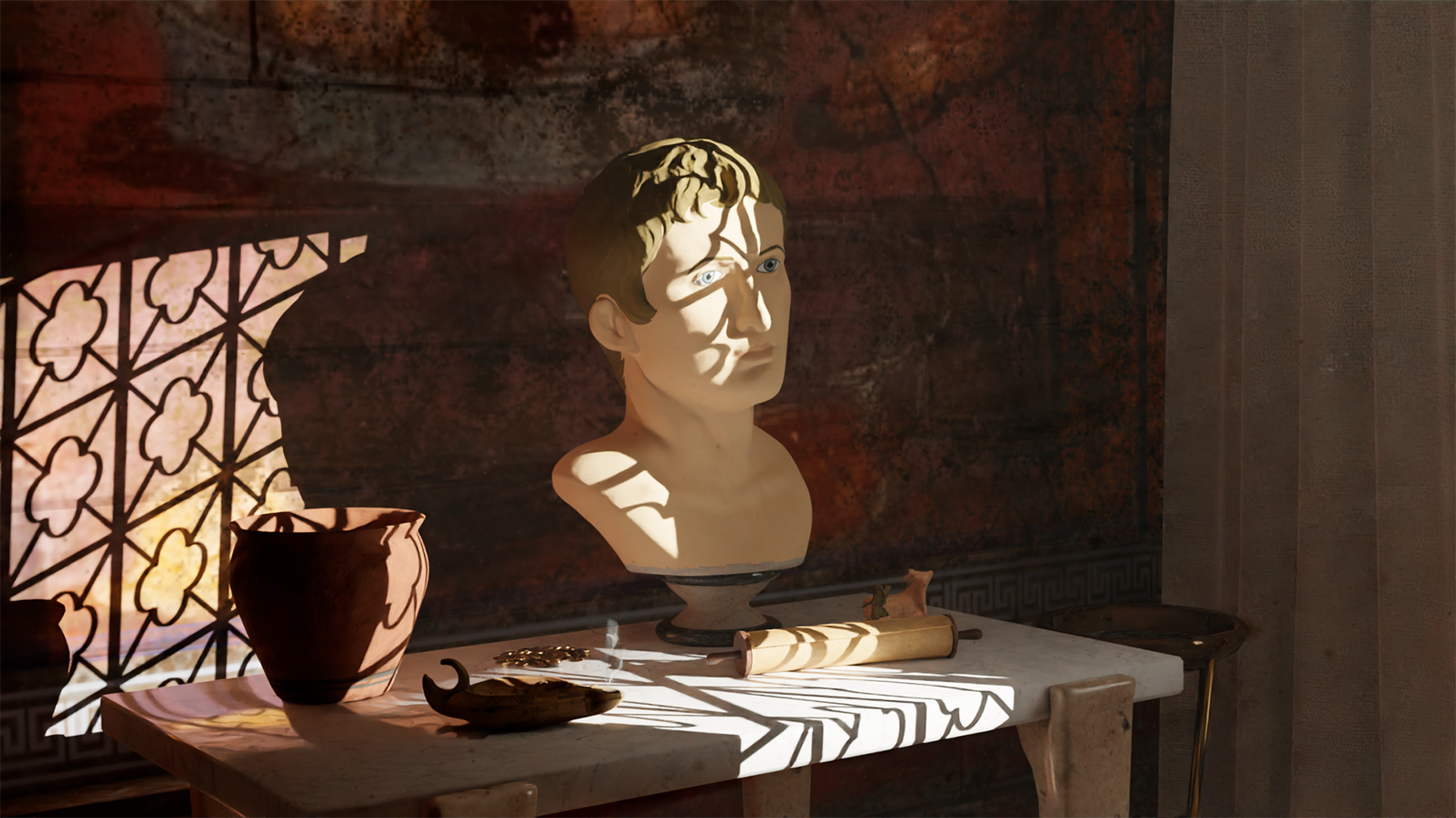 Recreación de una habitación romana con la cabeza de Augusto policromada